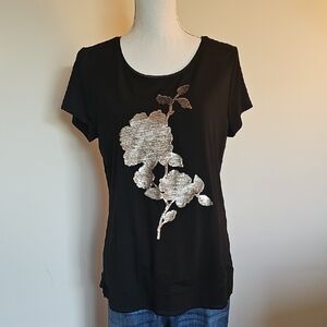 White House Black Market Black Top with Floral Sequin Design